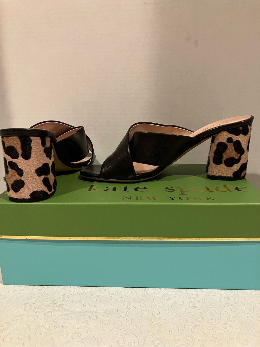 kate spade Black Leather Mules with Leopard-Print Block Heels